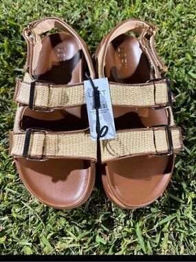 LOFT Woven Straw & Camel Brown Double Strap Buckle Platform Sandals NWT